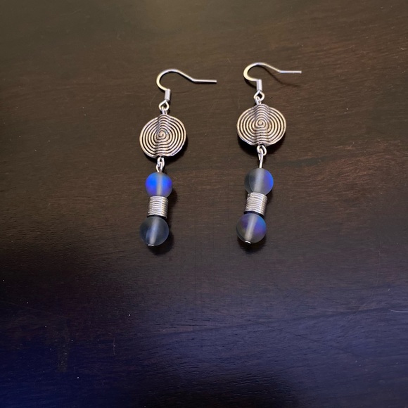 Original-Local Vendor Jewelry - Spiral Silver and Blue Beaded Earrings